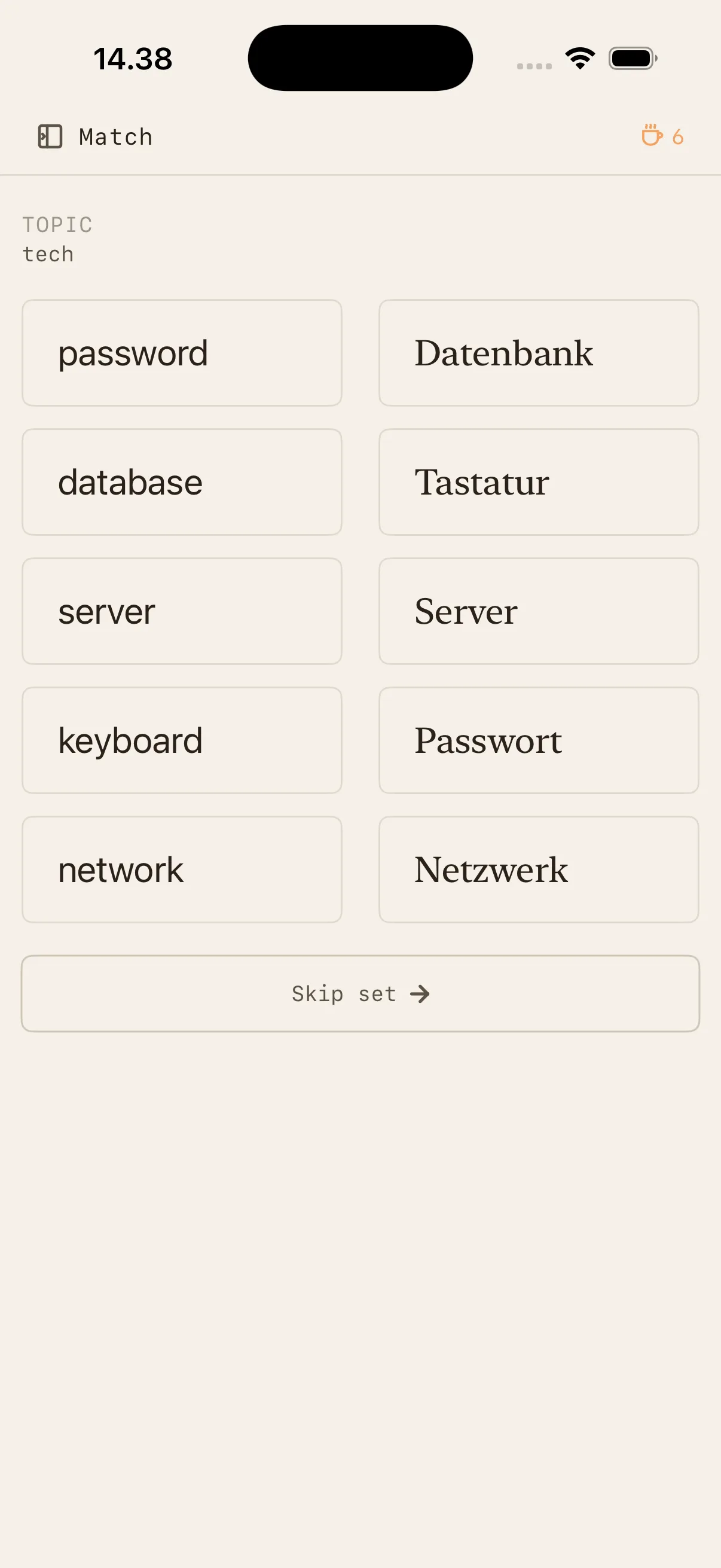 Fika Lingo matching board on iPhone