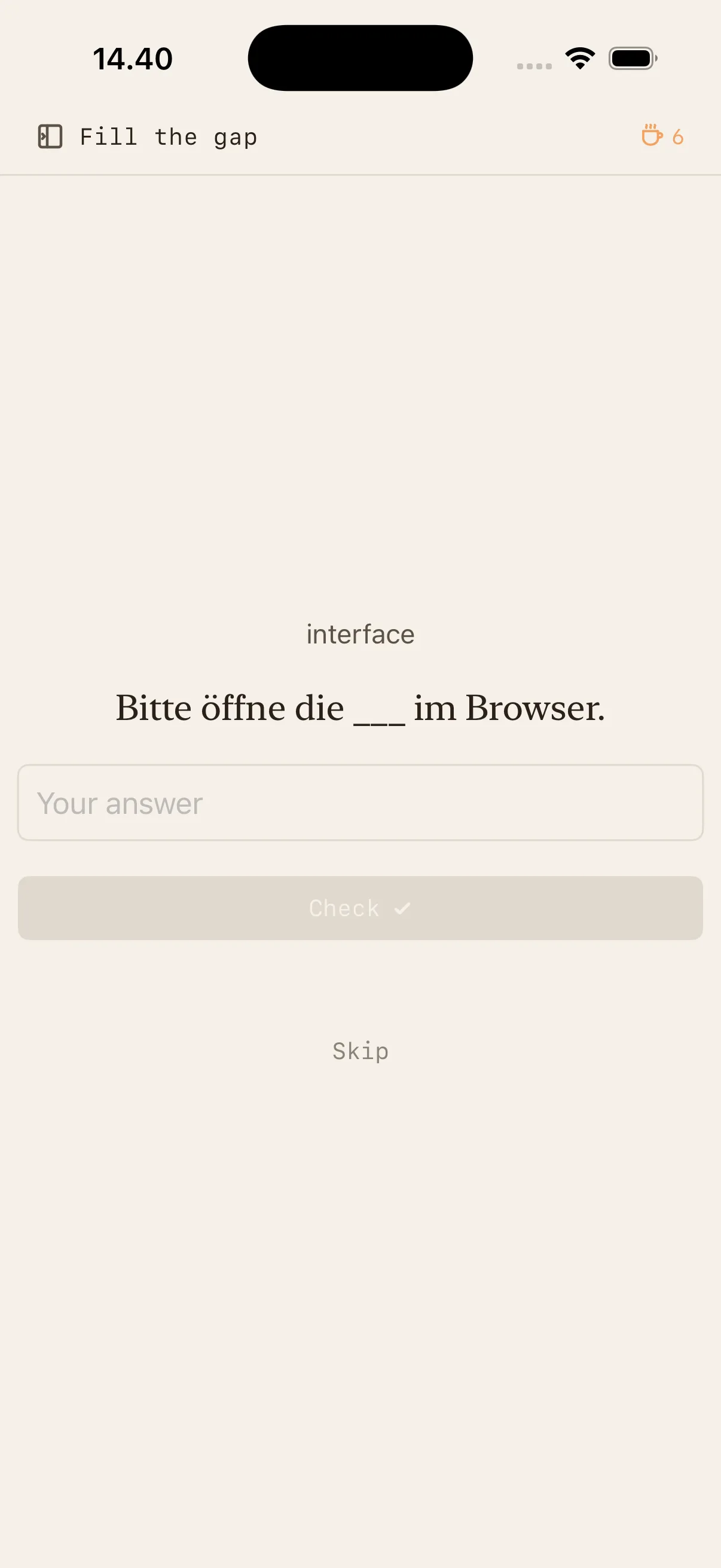 Fill-the-gap exercise with a German sentence