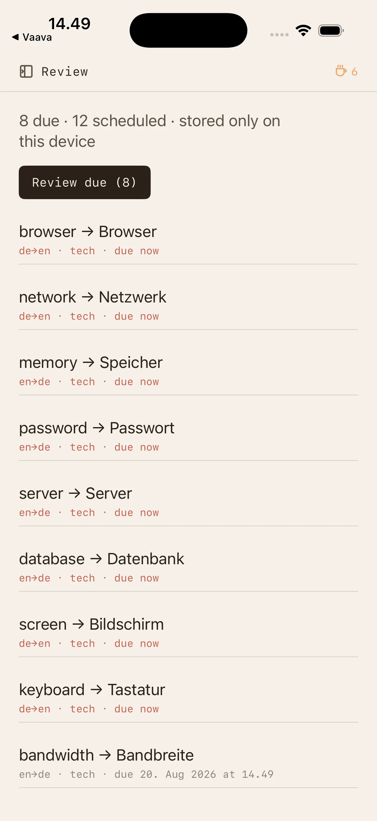 Review list of due words stored on this device