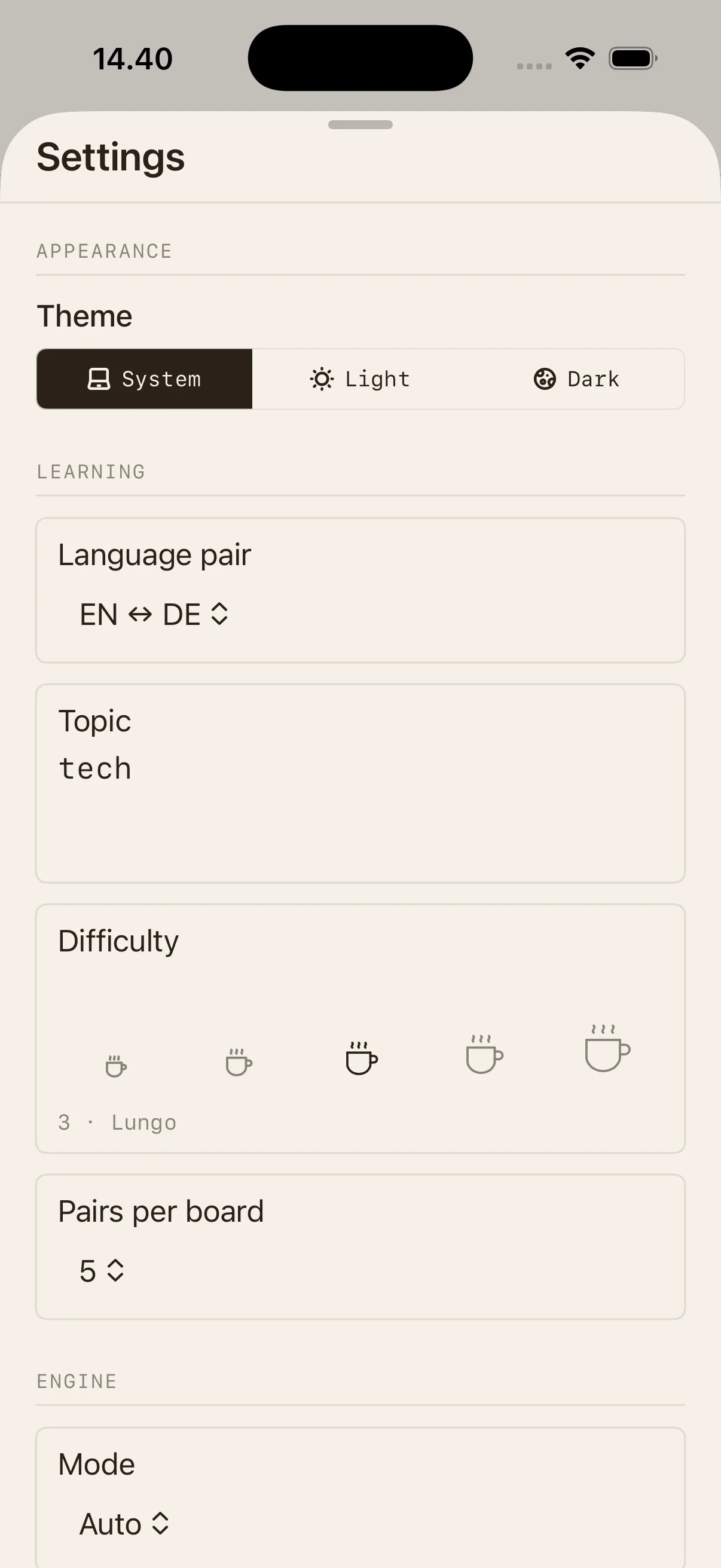 Settings showing the on-device Auto engine